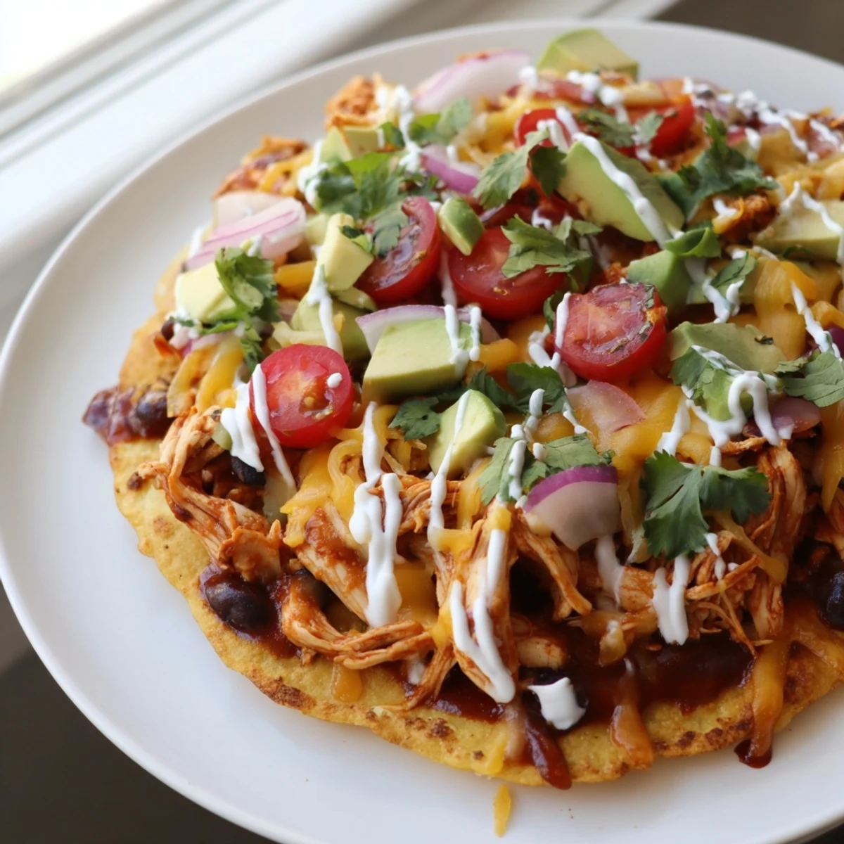 Crispy sweet smoky BBQ chicken tostadas loaded with melted cheese and fresh avocado