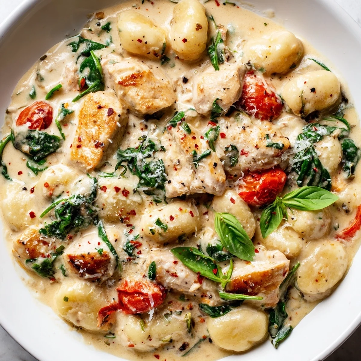 Creamy herb chicken gnocchi skillet bubbling with golden seared chicken and fresh herbs