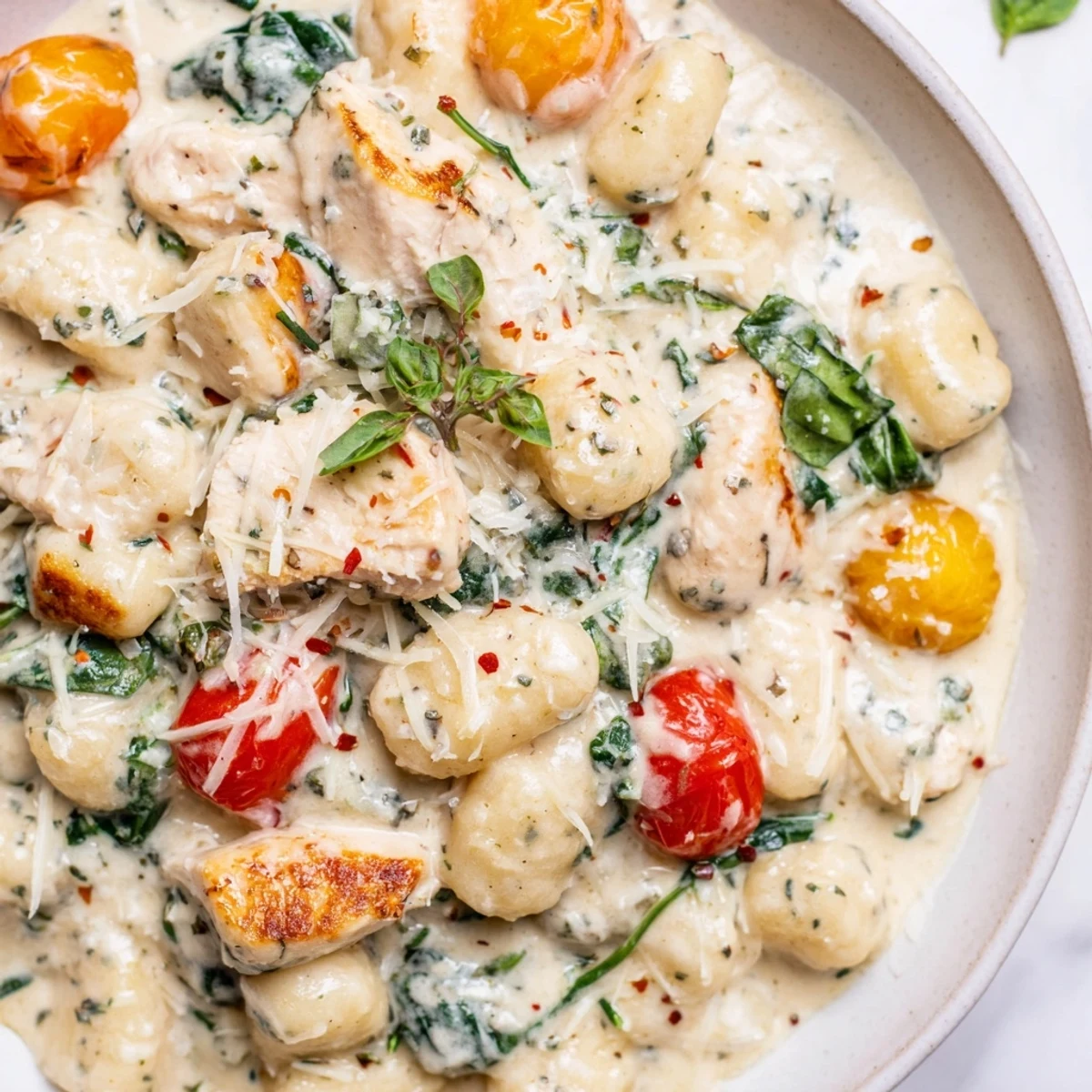 A steaming creamy herb chicken gnocchi skillet topped with bright cherry tomatoes and Parmesan