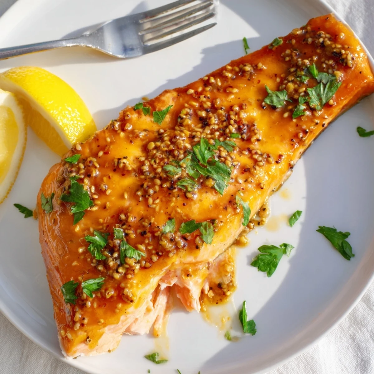 Tender baked honey mustard salmon resting on parchment ready for a weeknight dinner