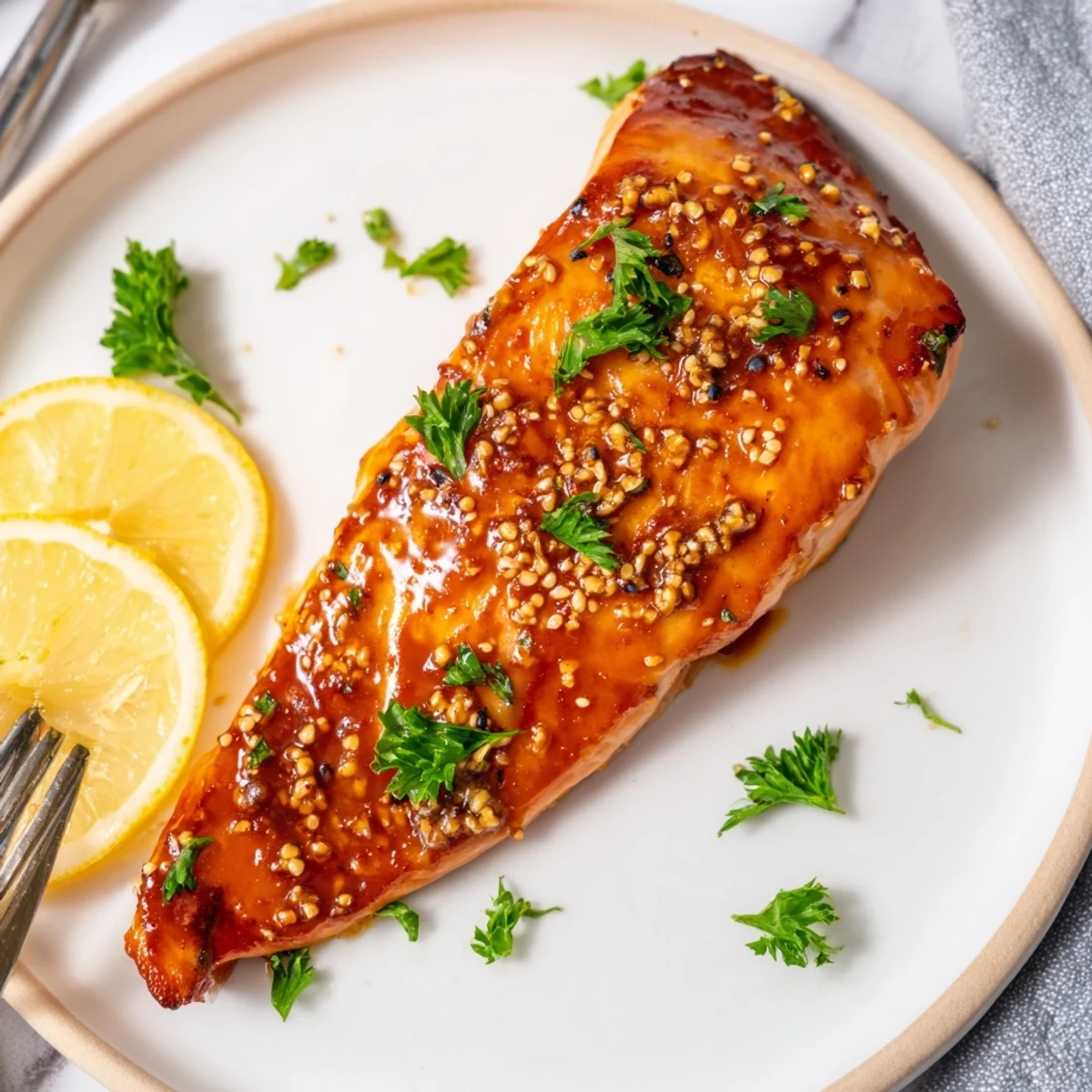 Juicy baked honey mustard salmon topped with a caramelized sweet tangy glaze