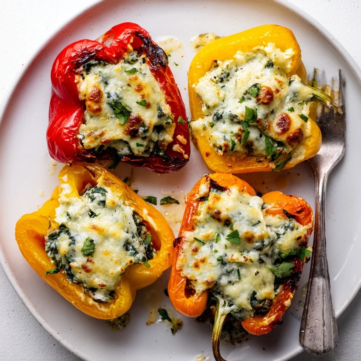 Creamy herb-filled ricotta stuffed peppers roasted until tender and topped with melted cheese