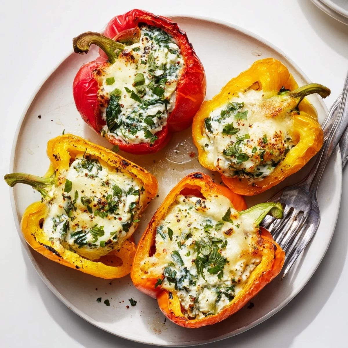 Golden baked ricotta stuffed peppers with bubbly mozzarella and fresh herbs on a rustic dish