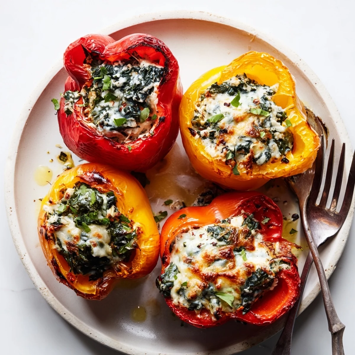 Vibrant bell pepper halves overflowing with spinach ricotta filling fresh from the oven