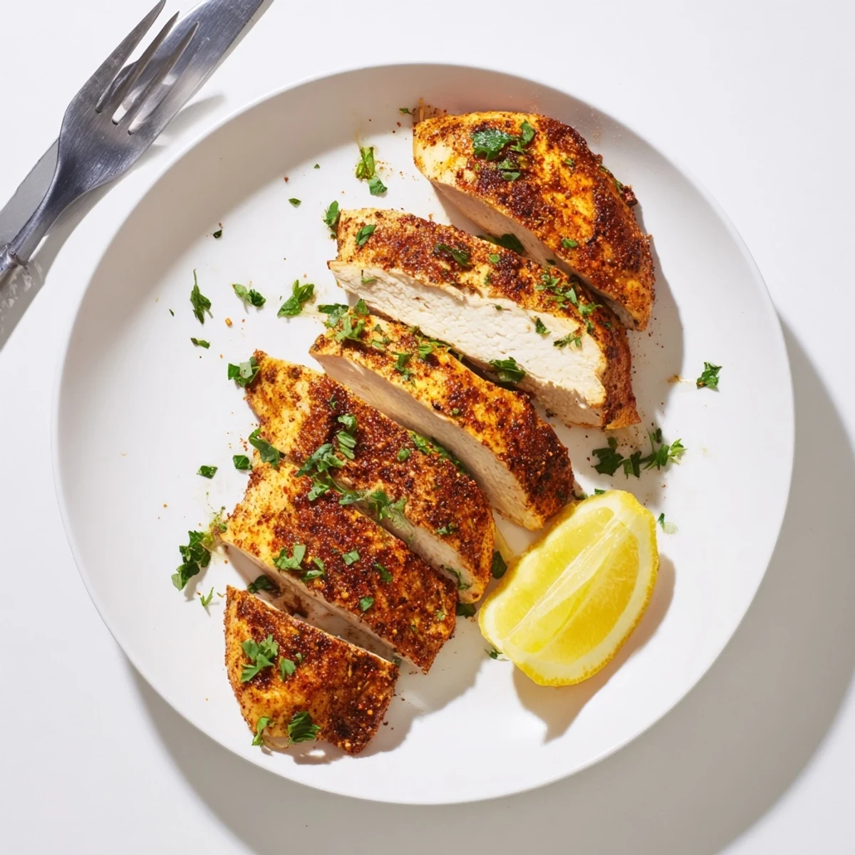 Juicy sliced oven baked chicken breasts garnished with fresh parsley and lemon wedges