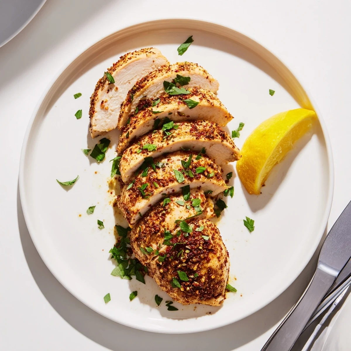 Golden oven baked chicken breasts with herbs and paprika on a parchment-lined sheet