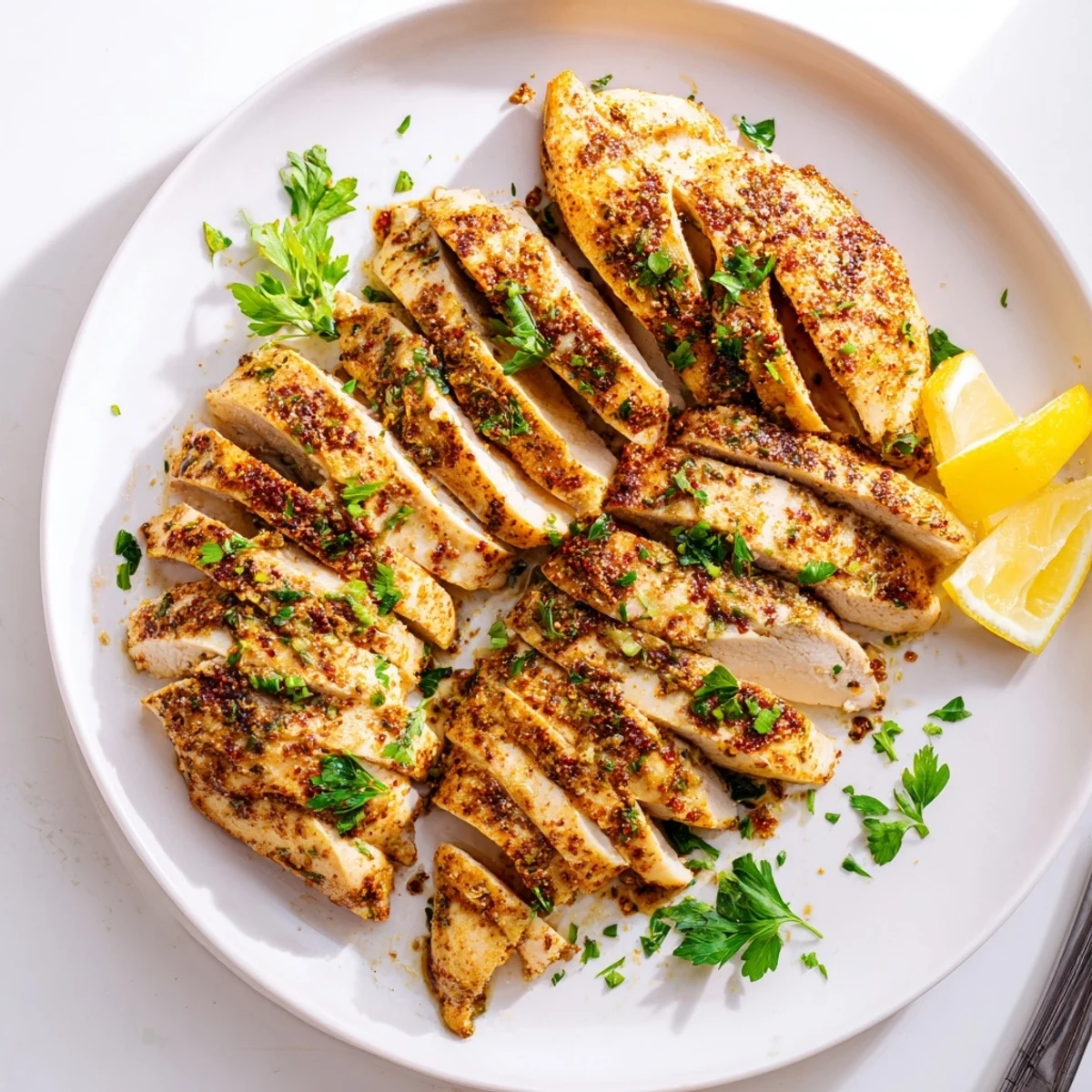 Perfectly seasoned oven baked chicken breasts with a golden crust resting on white platter