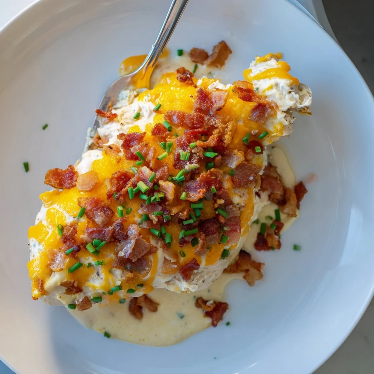 Golden baked crack chicken with bubbling cheddar and crispy bacon on a rustic dish