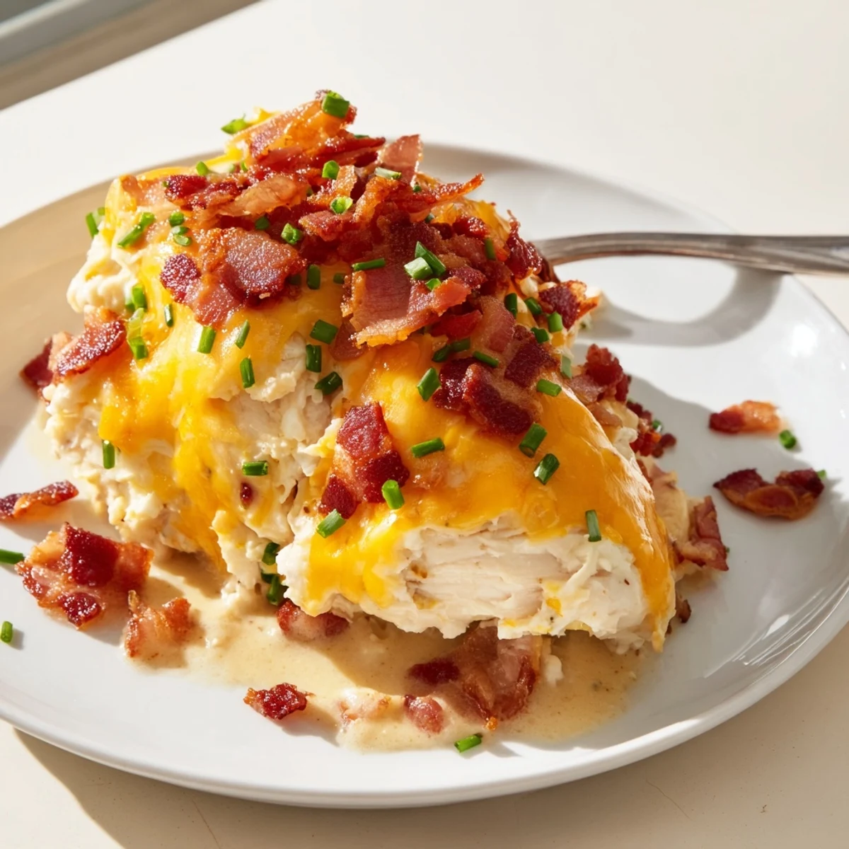 Juicy baked crack chicken pulled apart revealing rich ranch cream cheese and bacon topping