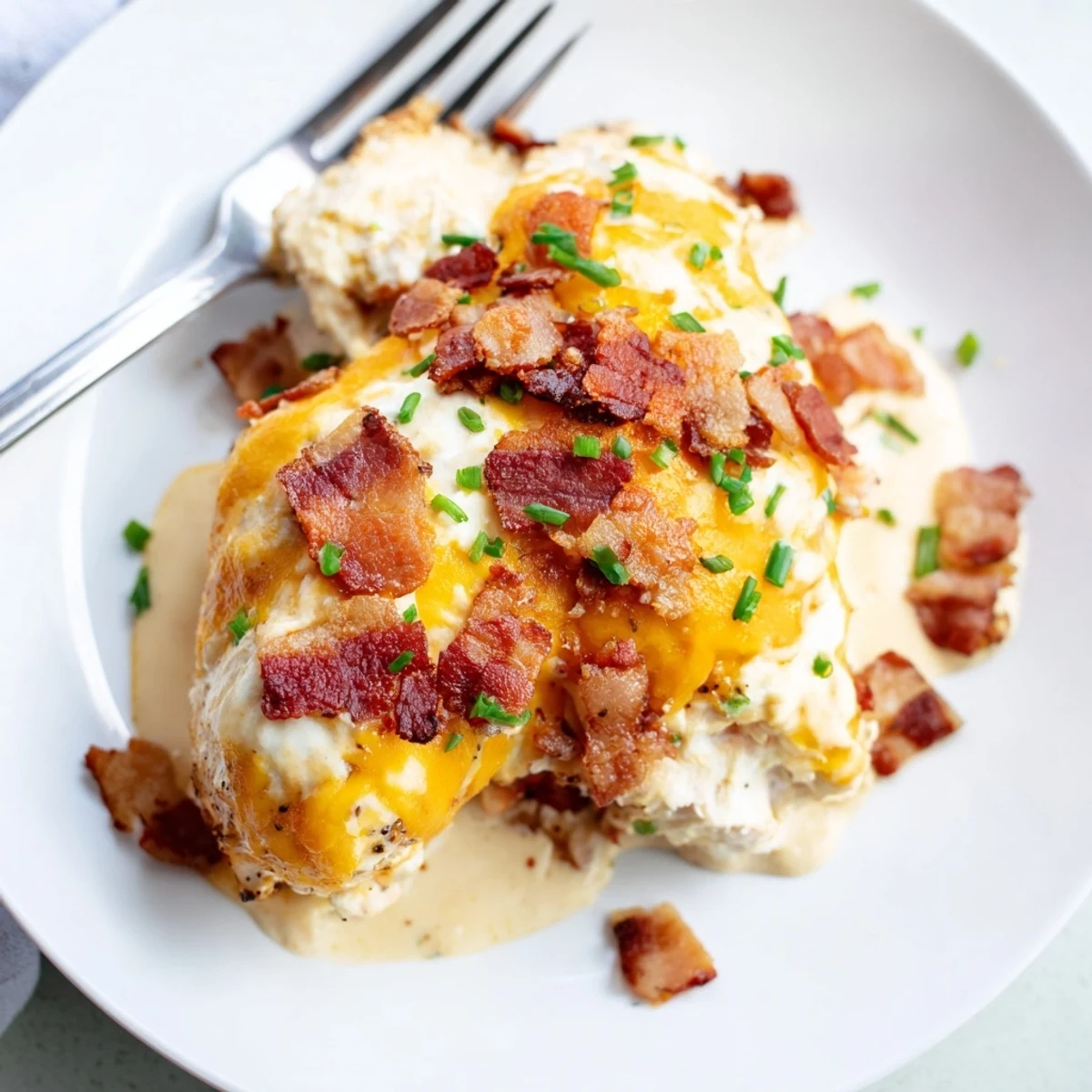 Creamy baked crack chicken smothered in melted cheese and topped with crumbled bacon