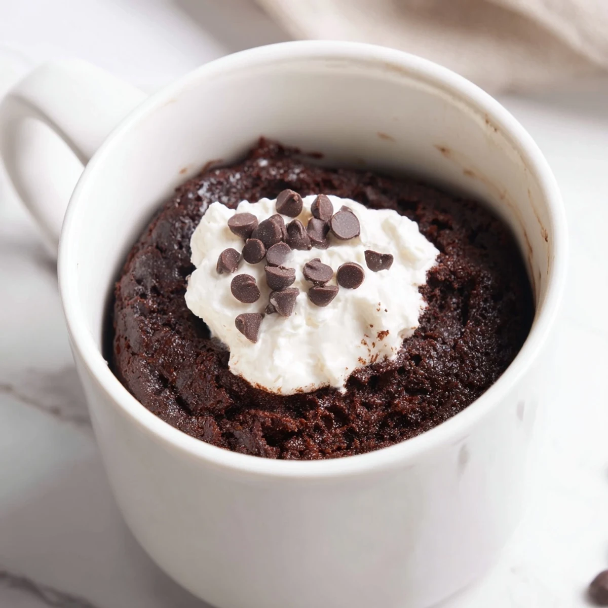 Warm gluten free chocolate mug cake topped with a melting ice cream scoop