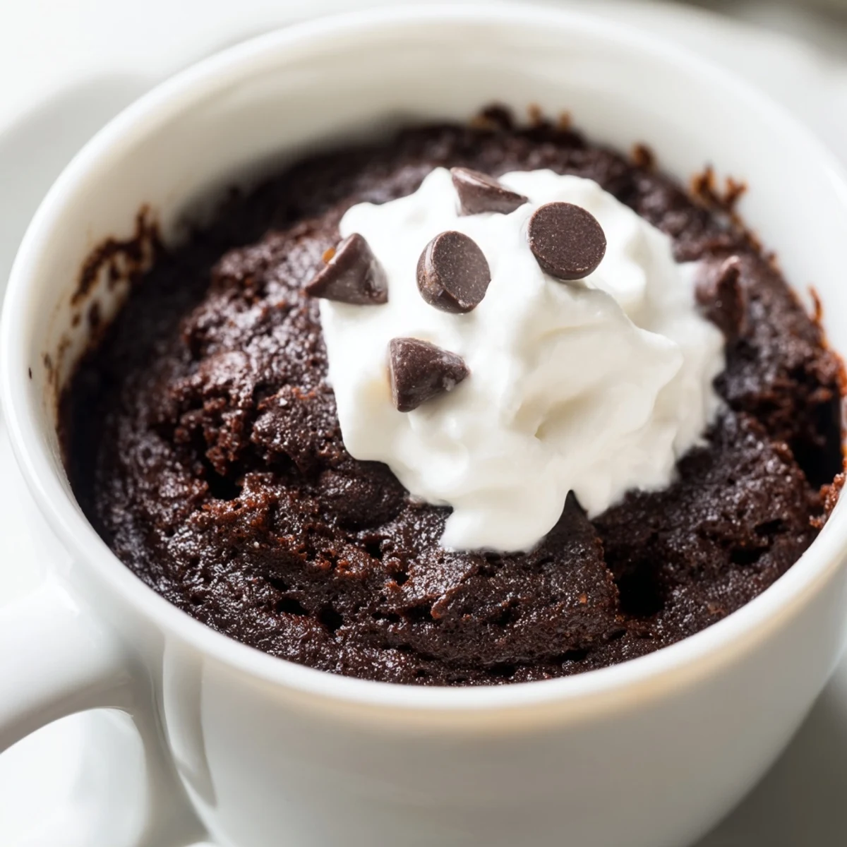Fudgy gluten free chocolate mug cake overflowing from a ceramic mug