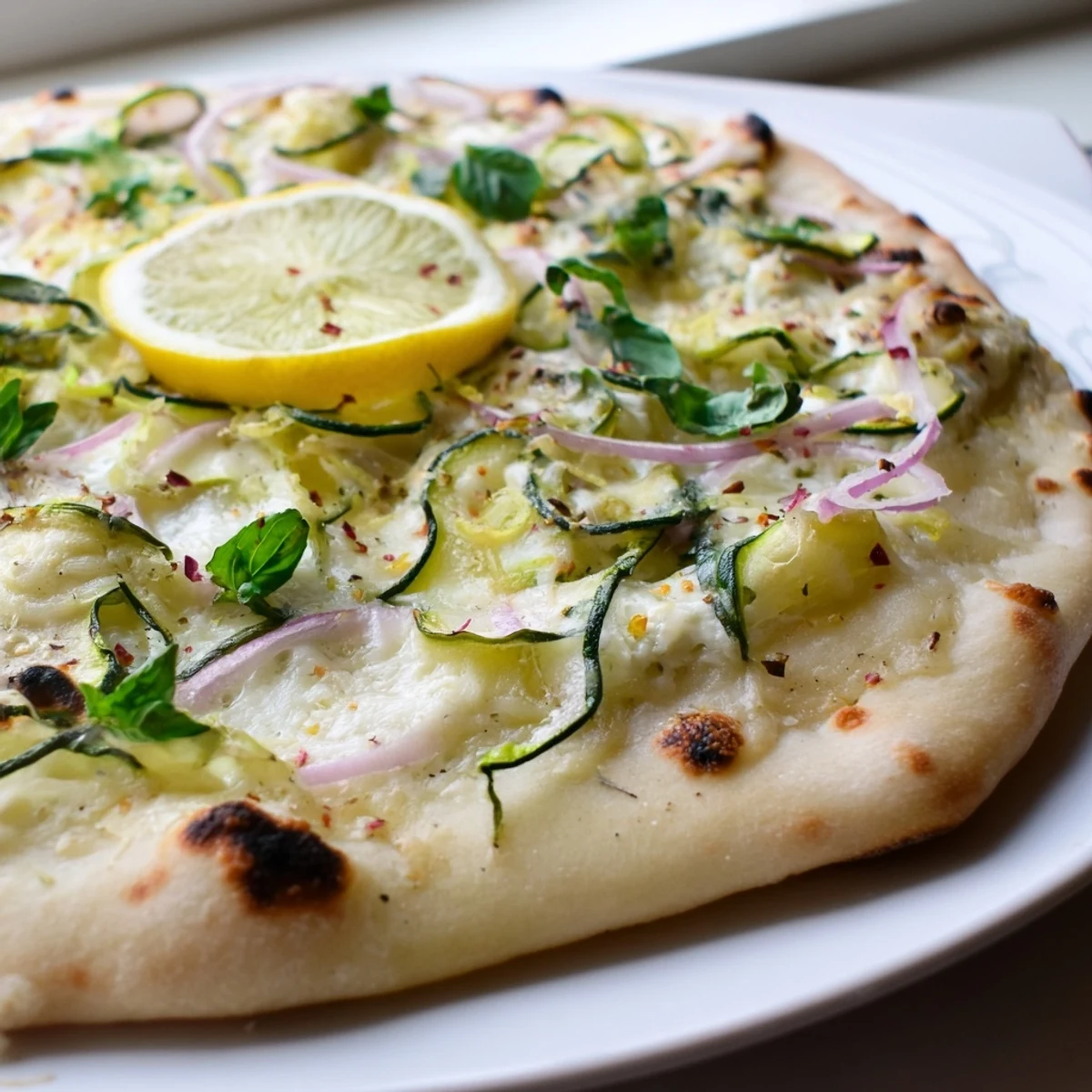 Golden Zesty Summer Lemon Pizza with creamy ricotta, fresh basil, and vibrant lemon slices