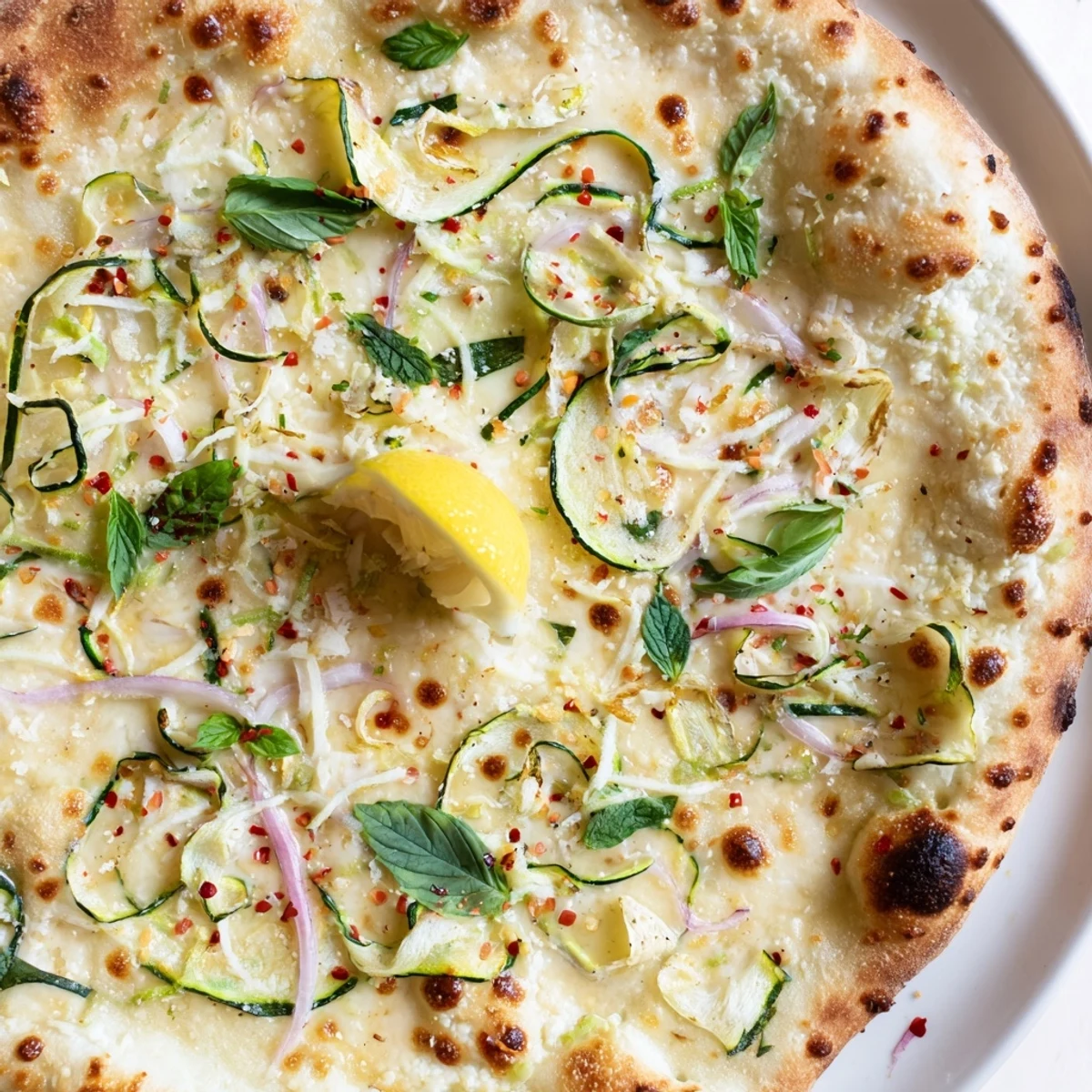 Zesty Summer Lemon Pizza topped with bubbling mozzarella, zucchini ribbons, and fragrant mint