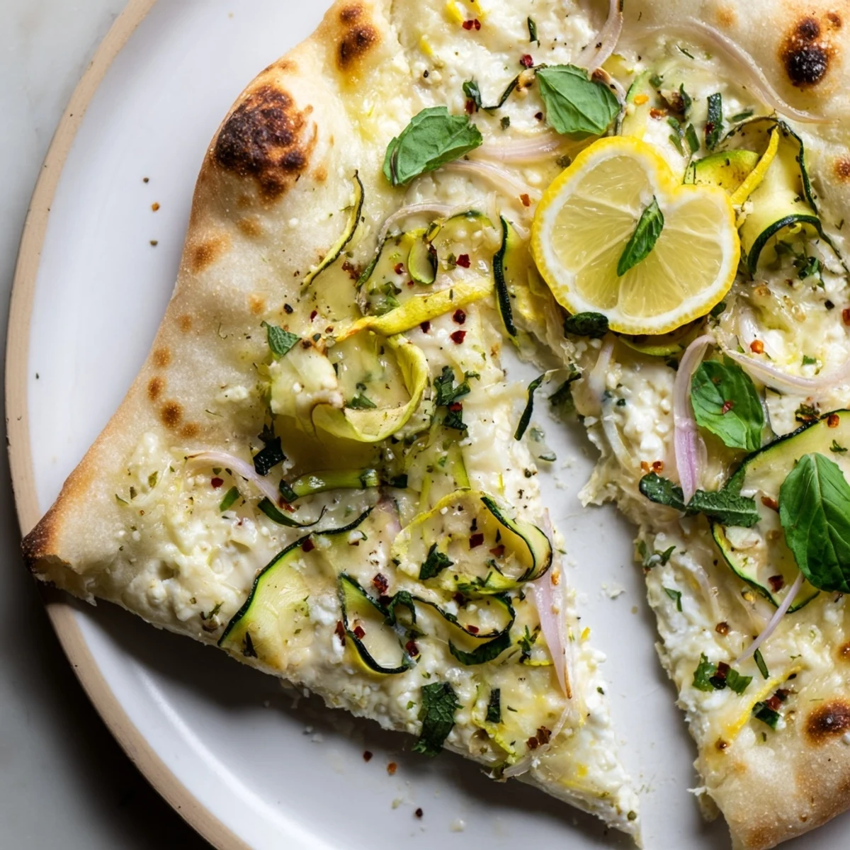 Crispy Zesty Summer Lemon Pizza drizzled with olive oil and scattered with parmesan and herbs