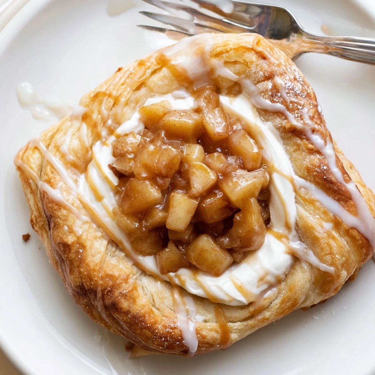 Golden Apple Cheese Danishes topped with sweet cinnamon apple filling and creamy drizzle