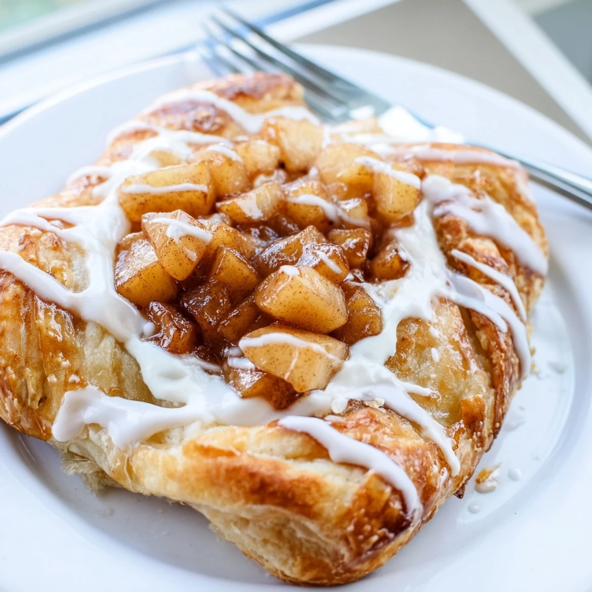 Flaky Apple Cheese Danishes served warm on a rustic baking sheet with powdered sugar icing