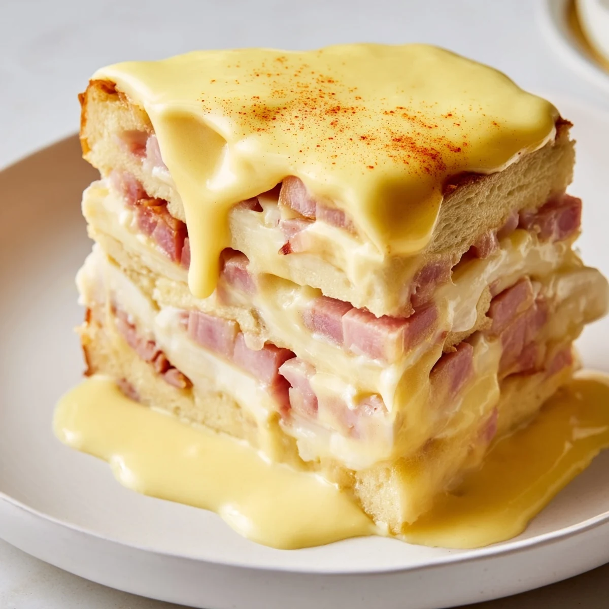 Golden baked Eggs Benedict Casserole topped with creamy hollandaise on a rustic brunch plate