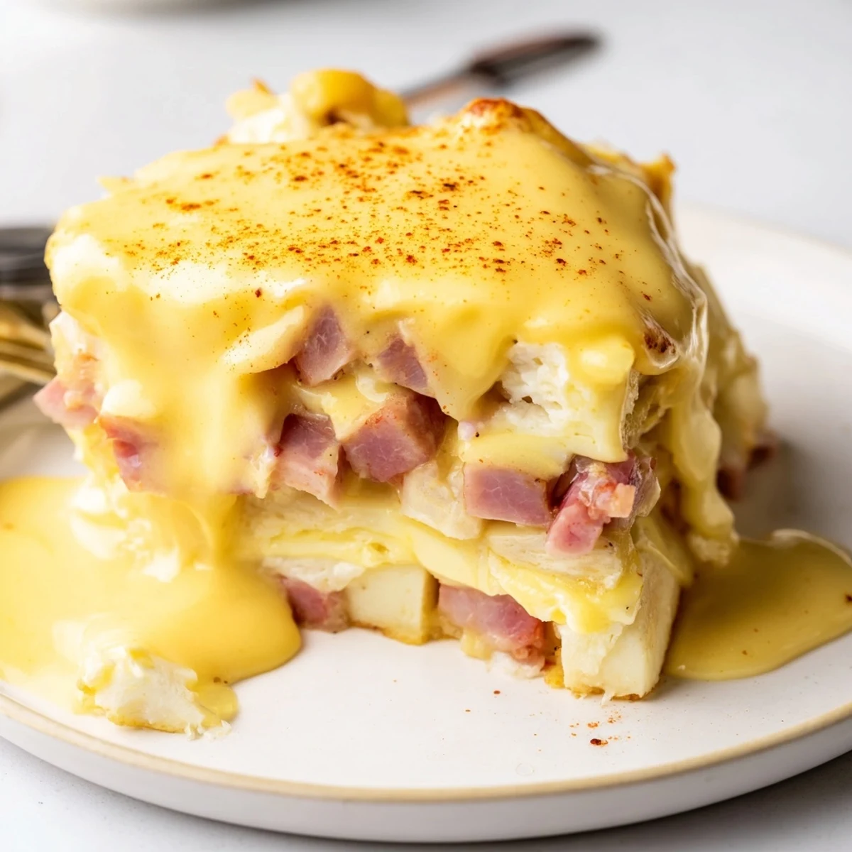 Bubbly Eggs Benedict Casserole fresh from the oven with golden muffins and Canadian bacon visible