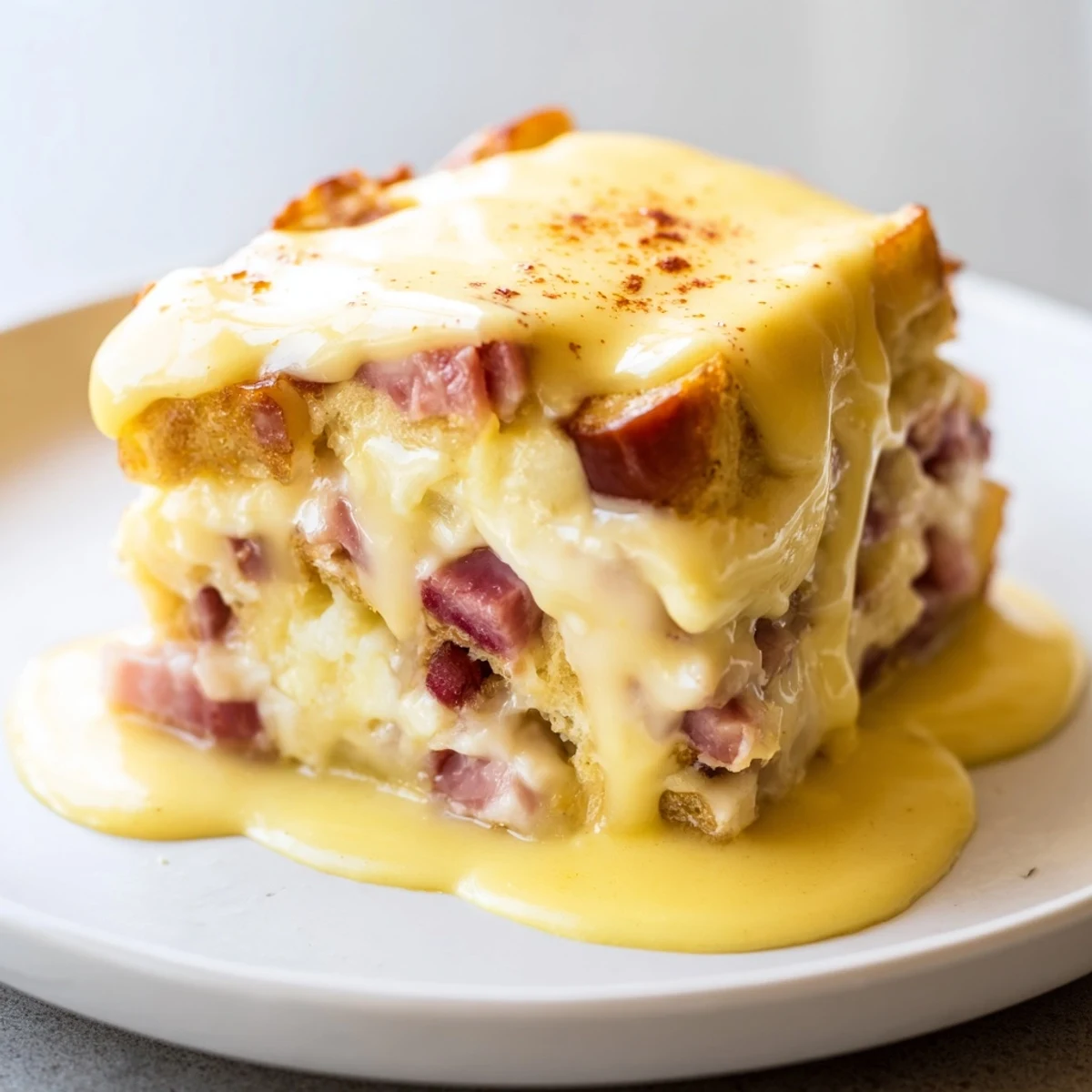 Steaming scoop of Eggs Benedict Casserole drizzled with rich buttery hollandaise and fresh chives