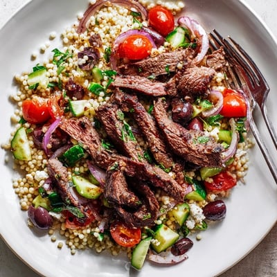 Sliced smoky grilled skirt steak rests atop fluffy couscous salad featuring cherry tomatoes, olives, and zesty lemon dressing