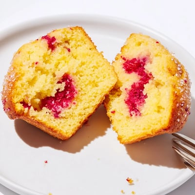 Moist breakfast muffins studded with bright red raspberries and zesty lemon, baked to golden perfection