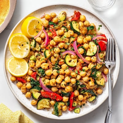 Vibrant Mediterranean chickpea lemon skillet featuring spinach, bell peppers, and zucchini