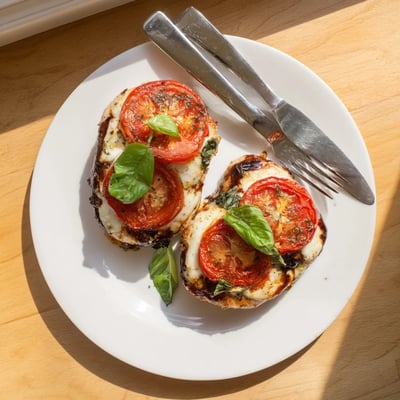 Tender baked chicken breasts glazed in rich balsamic vinegar topped with bubbling mozzarella cheese and tomato slices