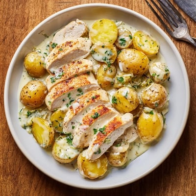 Warm Creamy Herb Chicken Potatoes Recipe served with silky cream sauce and parsley