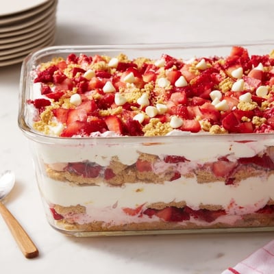 Slice of strawberry cheesecake crunch with white chocolate chips atop graham cracker strawberry crumble