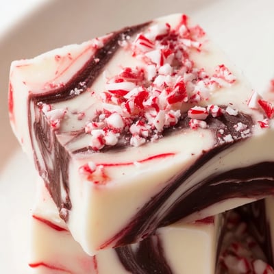 Homemade peppermint swirl fudge with marbled red and white chocolate layers dusted in peppermint crumbs
