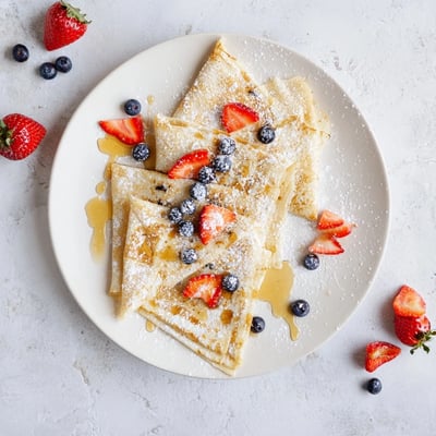 Stack of thin lacy crepes topped with honey and fresh berries for brunch