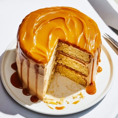 Decadent caramel cake slice revealing moist crumb and rich caramel buttercream between layers