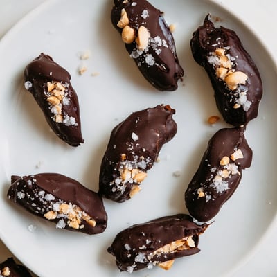 Vegan Stuffed Date Snickers featuring roasted peanuts and melted dark chocolate on a parchment lined baking sheet