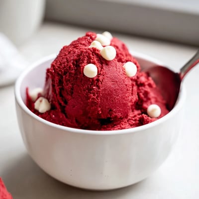 Bright red velvet cookie dough scooped into bite-sized balls on a marble countertop